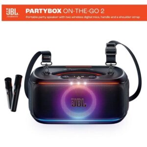 Jbl PartyBox On-the-Go 2 Portable Bluetooth Party Speaker with Two Wireless Mics, Dynamic Light Show, 15 Hours Playtime, IPX4 Splashproof Rating, J-B-L Pro Sound and Auracast Multi-Speaker Connection